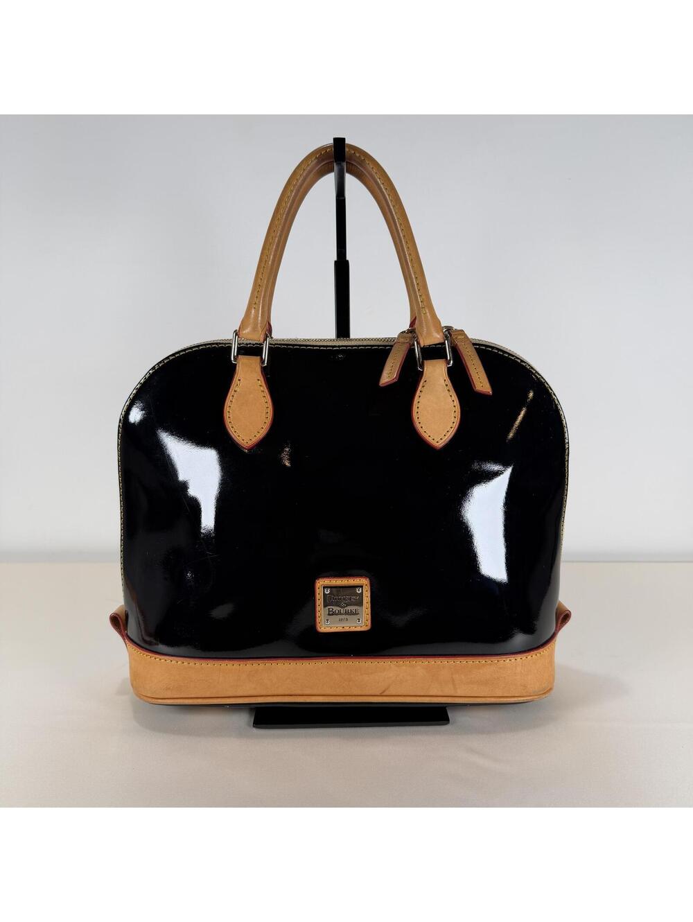Dooney & Bourke Zip Satchel PV343 Black Patent Leather with Red Interior - Picture 3 of 9
